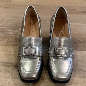 Alex Marie Silver Metallic Leather Loafers with Buckle Accent